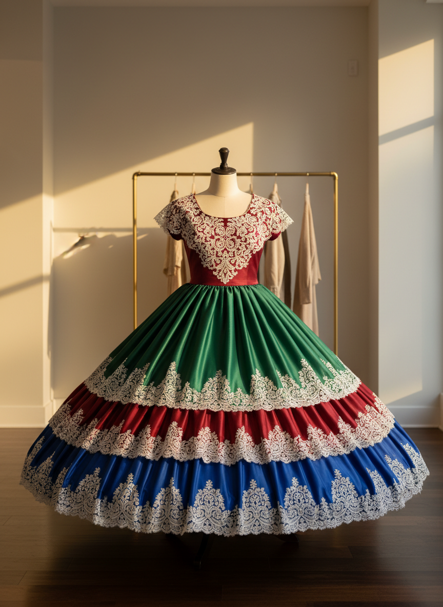 A luxurious Mexican vestido folklórico displayed on a headless, armless couture mannequin, the skirt fully fanned in a perfect circle to showcase layers of crimson, emerald, and royal blue satin with precisely stitched white lace trim. The dress stands in the center of a refined boutique with matte cream walls, dark hardwood floors, and a single sleek brass clothing rack in the background, softly blurred. Golden hour light filters through a large unseen window, creating gentle highlights on the glossy fabric and elegant shadows in the folds. Photographed at eye level with a subtle wide angle and shallow depth of field, the mood is sophisticated, modern, and aspirational, rendered in clean photographic realism for a high-end fashion website.