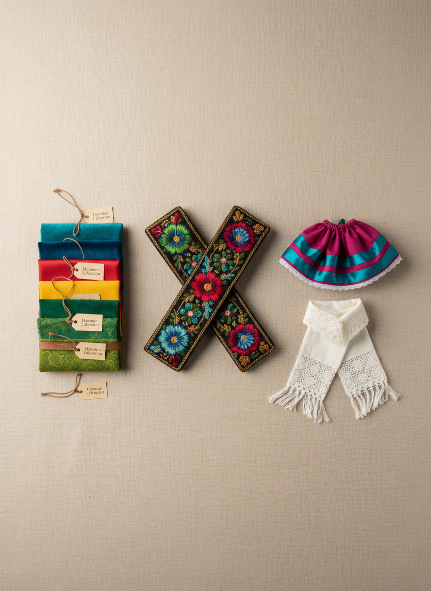 A refined product flat-lay of folklórico accessories perfectly arranged on a smooth, sand-colored linen backdrop: a pair of intricately embroidered belts, a folded mini folklórico skirt sample with bright magenta and teal ribbons, a delicate lace-edged rebozo, and neatly stacked fabric swatches labeled with discreet tags reading “Houston Collection.” Overhead softbox lighting creates even, shadowless illumination with only the faintest, elegant shadows at the edges for depth. The composition is carefully balanced, leaving negative space around the items for text overlay. Colors appear rich yet controlled, evoking luxury and craftsmanship. The mood is calm, organized, and editorial, captured in high-resolution photographic realism, ideal for a sophisticated online catalog or lookbook.