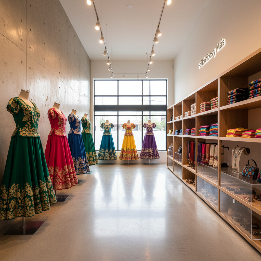 An atmospheric interior of a high-end Houston boutique dedicated to modern folklórico fashion, carefully staged without any customers or staff. Sleek black mannequins are absent, leaving only sculptural dress forms elegantly dressed in colorful folklórico gowns along one wall, each spaced with gallery-like precision. Opposite them, minimalist open shelving displays color-coordinated skirts, neatly folded rebozos, and boxed accessories. Warm, indirect track lighting and soft natural light from tall front windows create layered illumination, with reflections glimmering on polished concrete floors. Shot with a wide-angle lens at eye level, the composition emphasizes depth and openness, drawing the eye toward a discreet “Folkloricos y Más” sign in the background. The mood is refined, welcoming, and contemporary, rendered in high-end photographic realism.