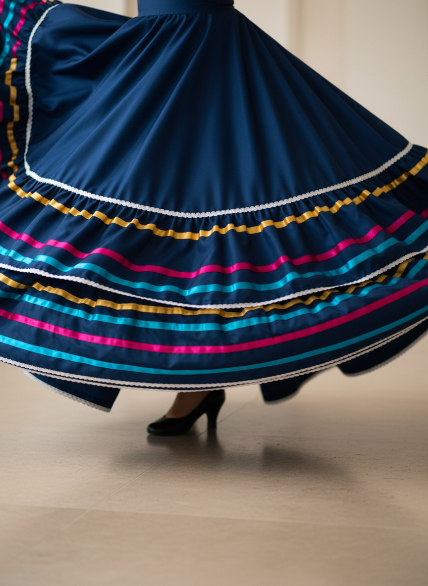 A close-up, waist-to-hem detail shot of a modern folklórico skirt crafted from deep navy silk, adorned with meticulously aligned satin ribbons in magenta, gold, and turquoise, each bordered by delicate white ric-rac. The fabric swirls in a graceful half-circle motion, frozen mid-air above a neutral stone floor inside a minimalist Houston studio. Soft, diffused studio lighting from the left emphasizes the texture and sheen of the materials while creating a gentle gradient of shadows across the pleats. The composition follows the rule of thirds, focusing sharply on the ribbon details with a creamy bokeh background. The atmosphere is dynamic yet refined, highlighting craftsmanship and contemporary elegance in photographic realism.